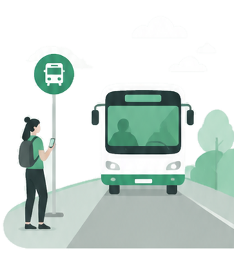 Ilustración de una persona esperando en la parada mientras un autobús se acerca