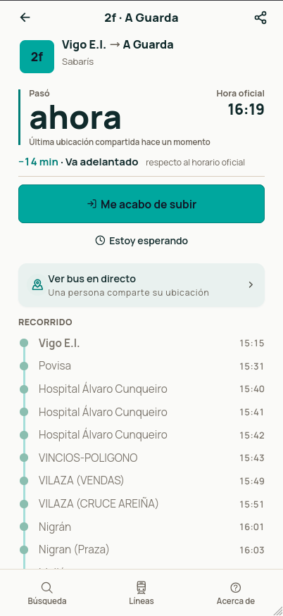 Detalle de un viaje con estado en directo, acciones colaborativas y acceso al mapa