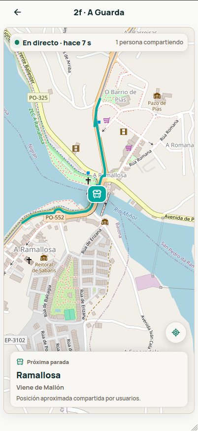 Mapa en directo mostrando la posición aproximada compartida de un autobús cerca de A Ramallosa