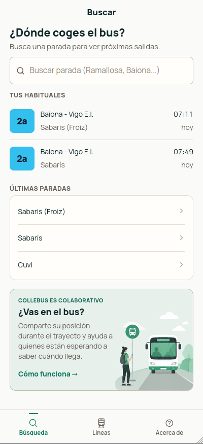 Buscador de parada y aviso del modo colaborativo en la pantalla de inicio de Collebus